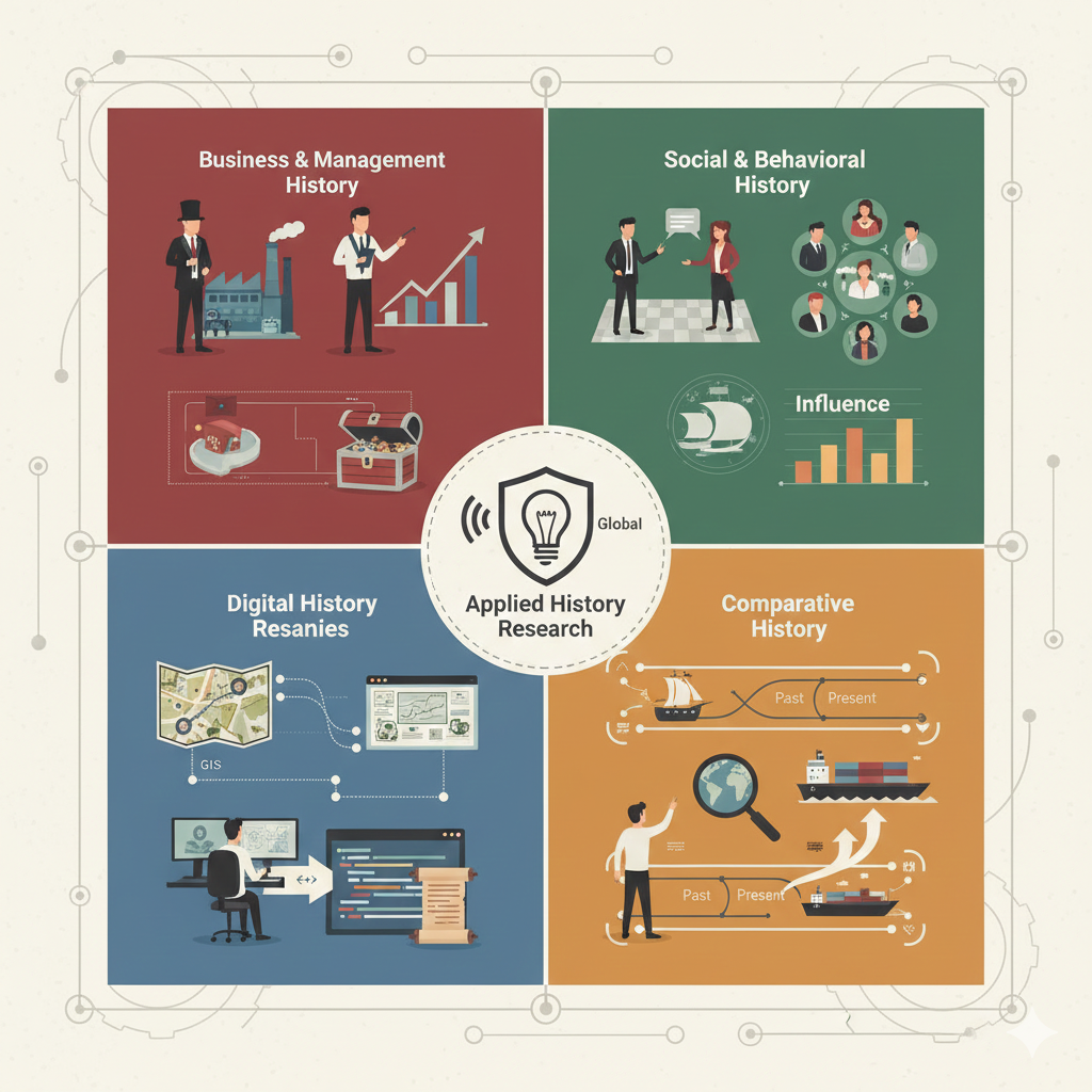 ภาพแนวคิดประวัติศาสตร์ประยุกต์ที่เชื่อมอดีตกับปัญหาโลกปัจจุบัน สำหรับการทำวิทยานิพนธ์ระดับสากล