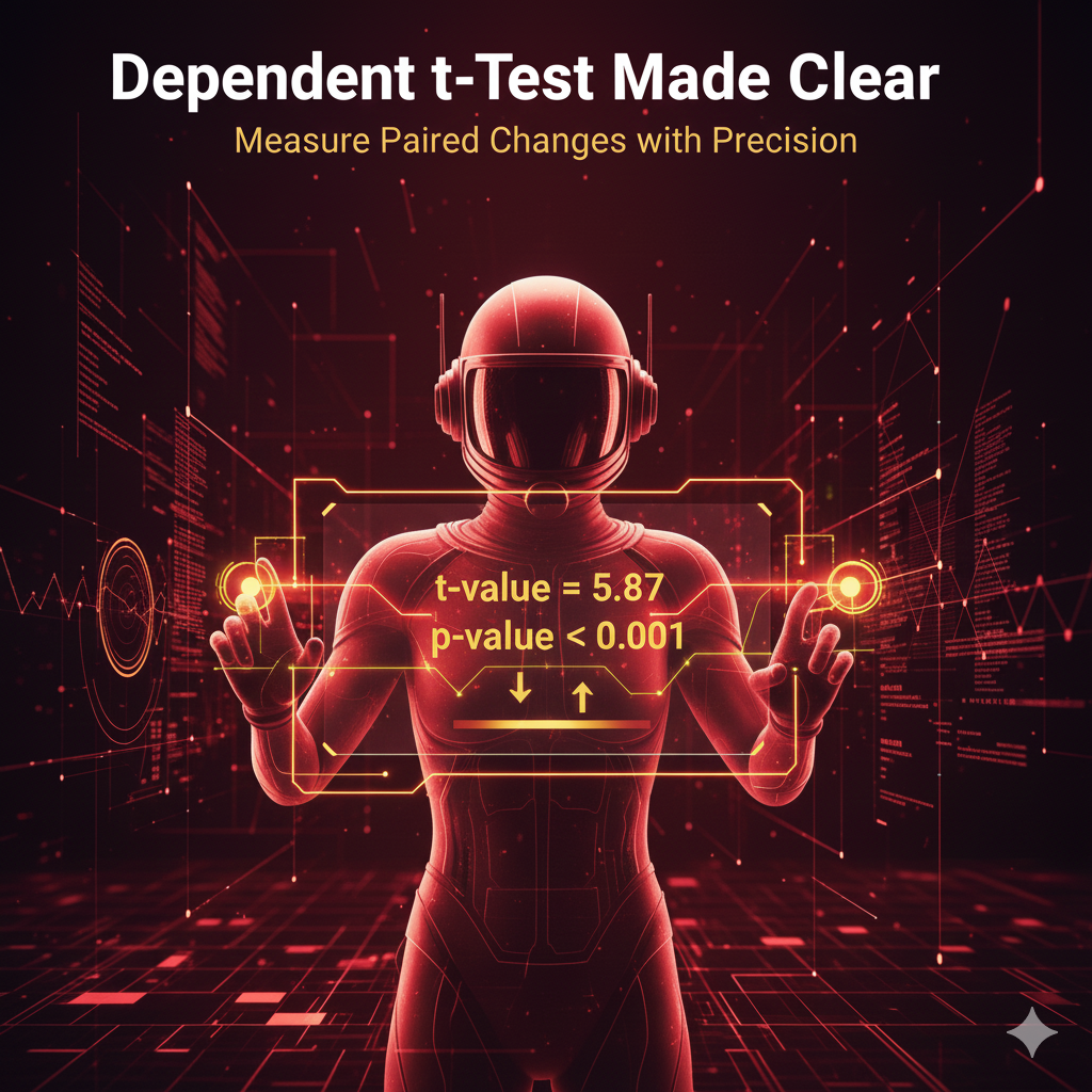 Dependent t-Test ใช้เมื่อไร เปรียบเทียบข้อมูลก่อนและหลังของกลุ่มตัวอย่างเดียวกันในงานวิจัย